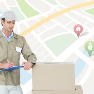 Digital composition of delivery man writing on clipboard with location map in background